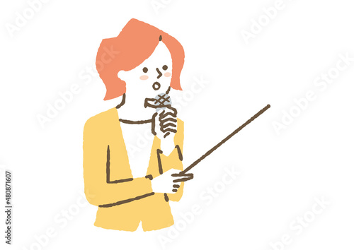 マイクと指示棒を持ってプレゼンする女性会社員_色