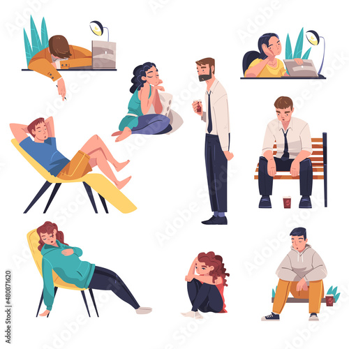 Tired Young Man and Woman Sitting at Table and on Armchair Vector Illustration Set