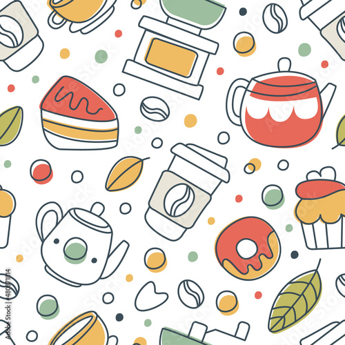 Tea and Coffee Bar with Donut and Bean Element Vector Seamless Pattern Template