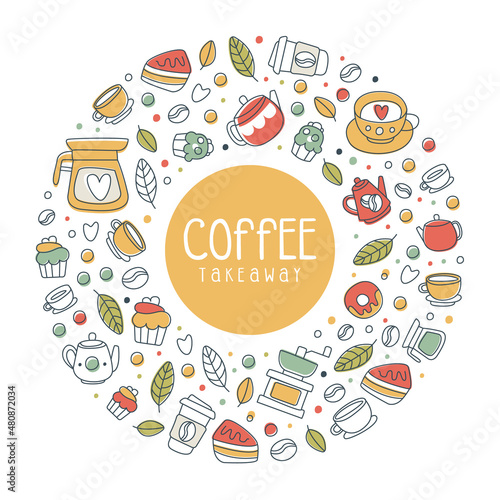 Tea and Coffee Bar Object Arranged in Circle Shape Vector Template