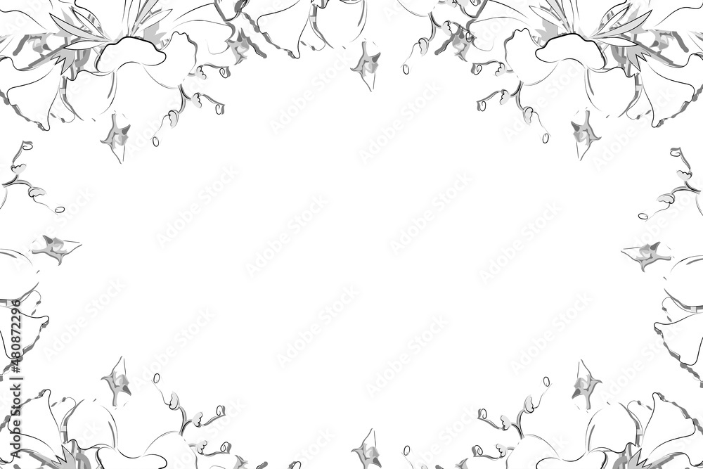 Vector horizontal frame with white contour flowers for design greeting cards, wedding invitation