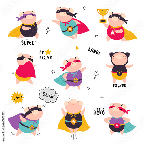 Pink Pig Superhero Character in Eye Mask and Cloak Having Super Power Vector Set