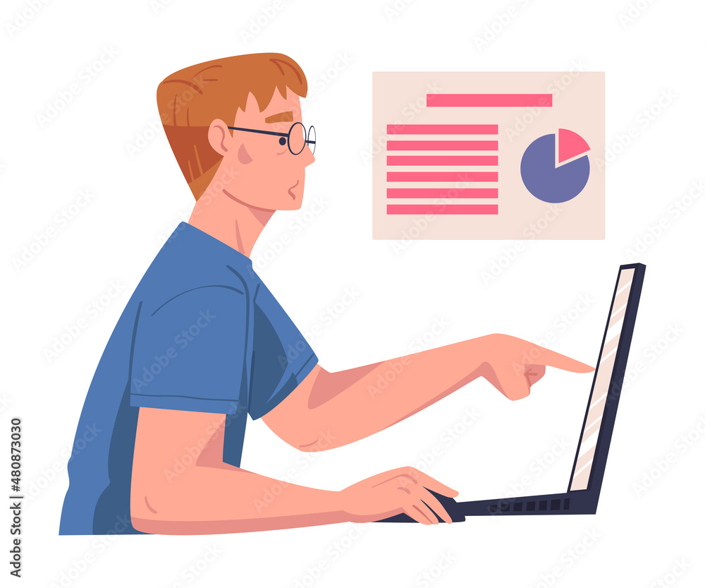 Man Character with Laptop Working with Information Analyzing Data and Browsing Internet Vector Illustration Man Character with Laptop Working with Information Analyzing Data and Browsing Internet Vector Illustration
