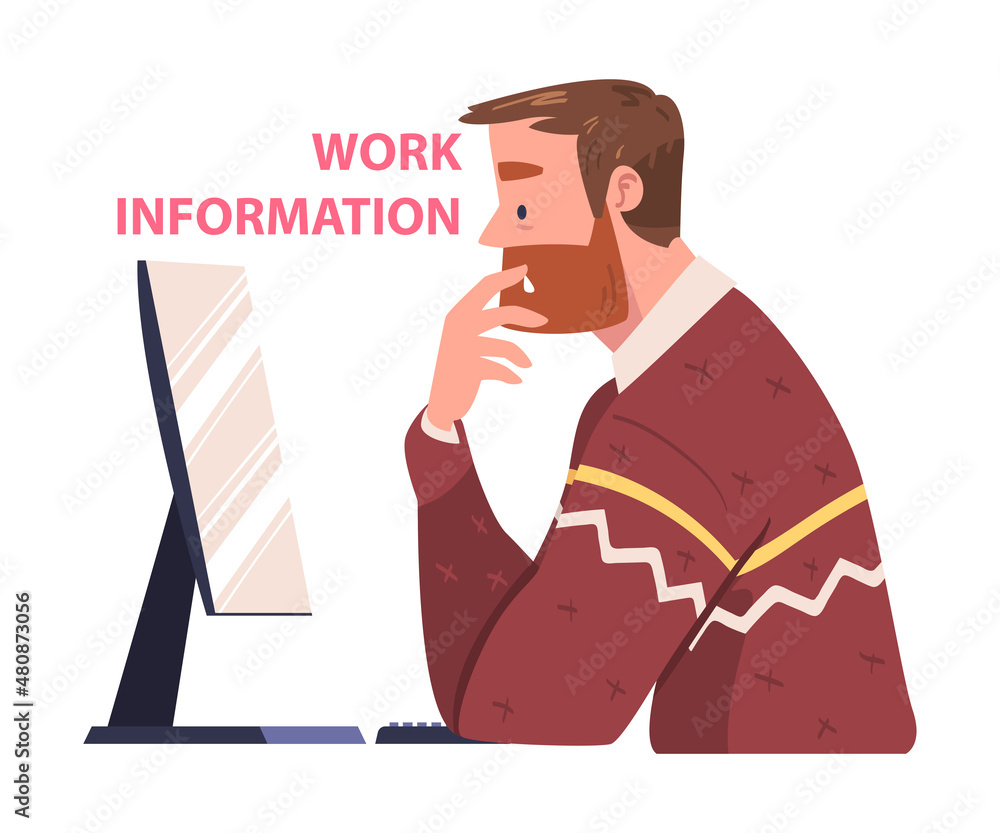 Man Character Sitting at Computer Screen Working with Information Analyzing Data and Browsing Internet Vector Illustration