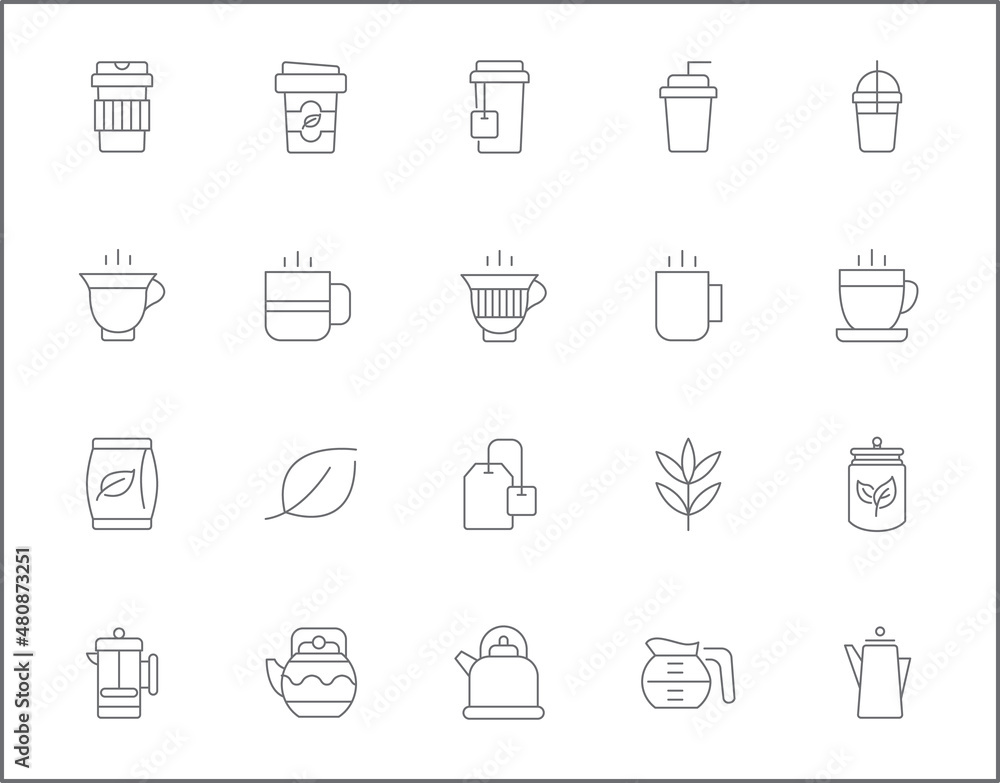 Set of tea and drink icons line style. It contains such Icons as star anise, infusion bags, tea strainer, green tea, nature, herbal, rooibos and other elements. Set of tea and drink icons line style. It contains such Icons as star anise, infusion bags, tea strainer, green tea, nature, herbal, rooibos and other elements.