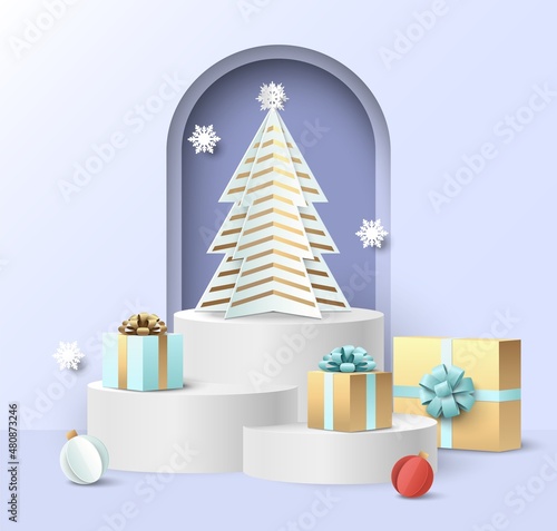 Vector paper cut Christmas scene with display podiums for winter holidays gifts, cosmetic products advertising.