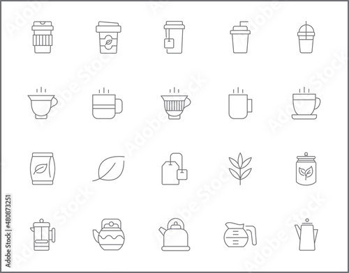 Set of tea and drink icons line style. It contains such Icons as star anise, infusion bags, tea strainer, green tea, nature, herbal, rooibos and other elements.