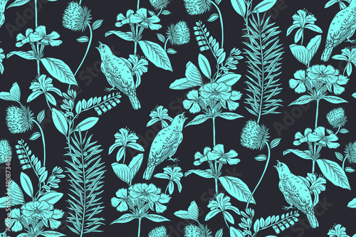 Morris Bird Seamless Pattern: Floral and Bird Pattern in William Morris Style