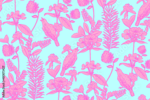 Morris Bird Seamless Pattern: Floral and Bird Pattern in William Morris Style