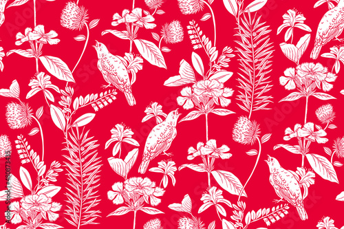 Morris Bird Seamless Pattern: Floral and Bird Pattern in William Morris Style