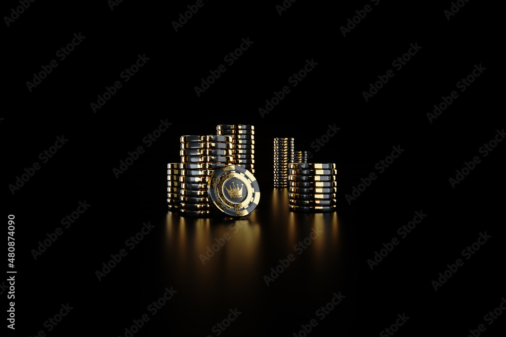 Creative casino template, black gold stacks of playing chips isolated on black background. The concept of roulette, gambling, a header for the site. Copy space, 3d illustration, 3d render. Creative casino template, black gold stacks of playing chips isolated on black background. The concept of roulette, gambling, a header for the site. Copy space, 3d illustration, 3d render.