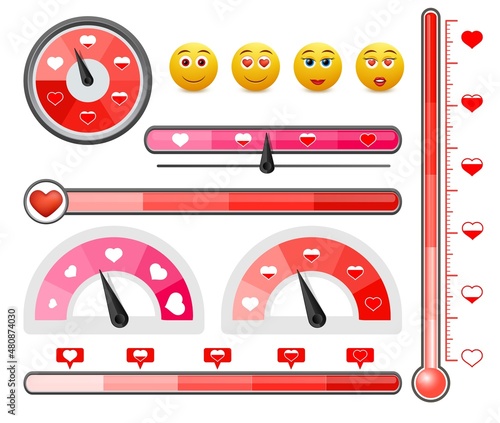 Love level meter set, vector isolated illustration. Love gauge, scale, thermometer with hearts.
