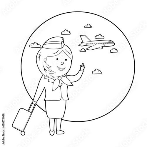 coloring book. cartoon illustration of a flight attendant and an airplane, vector isolated on a white background