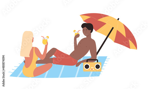 Couple lying on beach and drinking fresh cocktails. Summer recreation and relaxing holiday vacation flat vector illustration