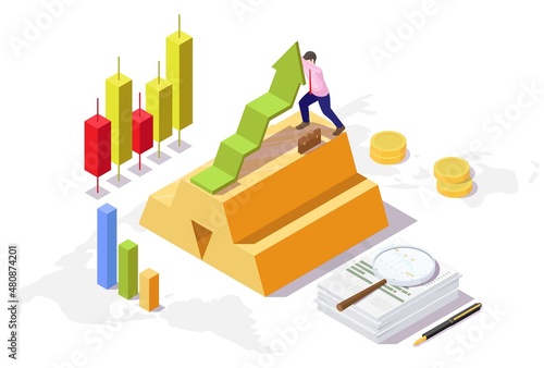 Gold ingots, increasing charts, vector isometric illustration. Gold prices rise concept.