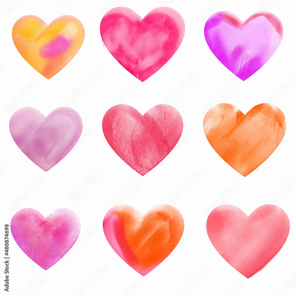 Watercolor vector hearts ,Set of grunge vector hearts. Design elements. Retro background. Vintage background. Valentine background. Abstract background. Hand drawn. Grunge heart. 