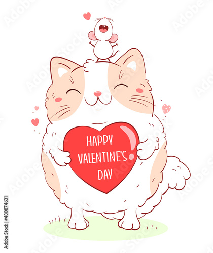 Cute Valentine card in kawaii style. Happy friends - lovely fat cat and white mouse with pink heart. Inscription Happy Valentine's day. Can be used for greeting card design. Vector illustration EPS8