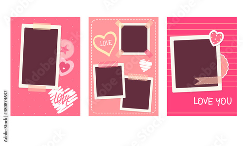 Set of Valentine vintage backgrounds with retro photos, sticker and labels