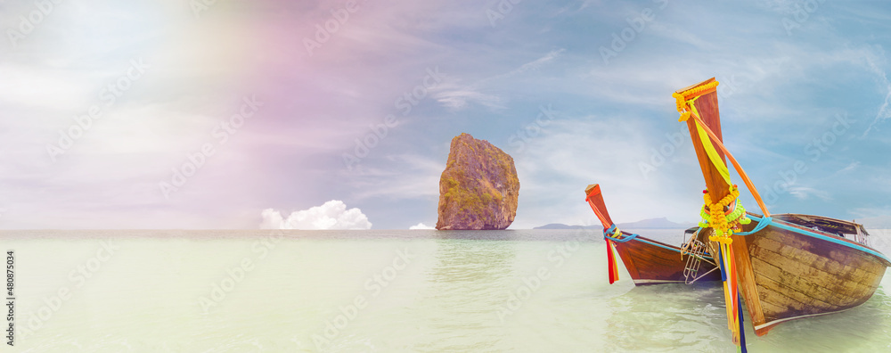 Fototapeta premium Long boat and tropical beach, Andaman Sea, Thailand