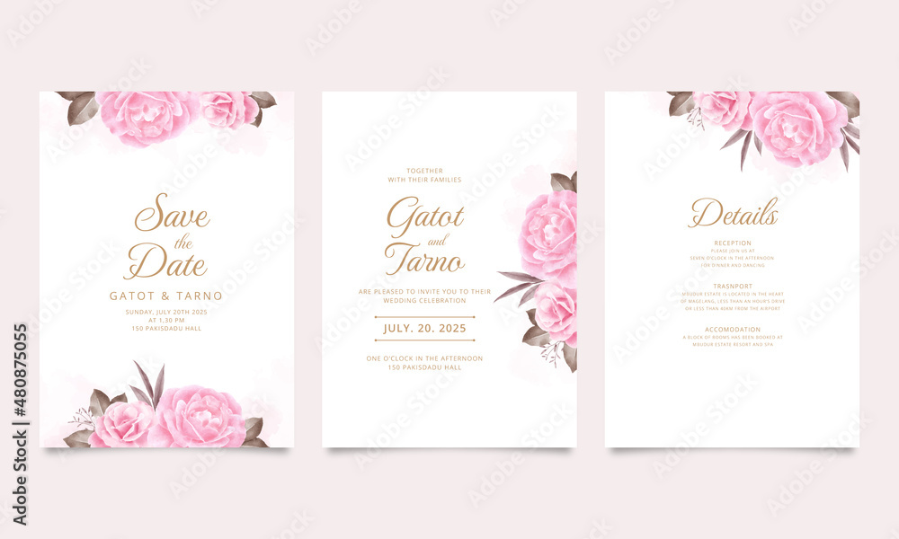 Elegant wedding invitation set with rose flower decoration watercolor illustration
