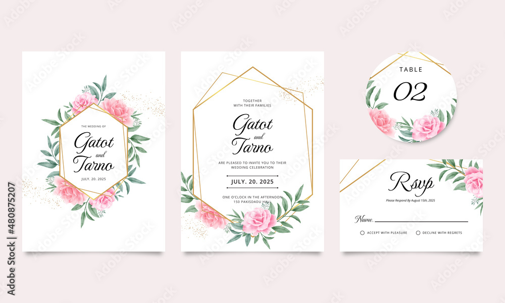 Wedding invitation card template set with golden geometric frame rose flower and green leaves watercolor illustration