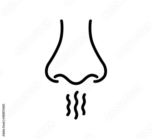 Nose and breath icon. Nasal breathing. Human organ of smell. Unpleasant smell. Nose inhales fragrance outline icon. Vector illustration in line style on white background. Editable stroke.