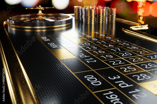 American roulette table and stacks in a casino. Creative casino template, background design, addiction, header for website. 3D illustration, 3D render. photo