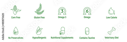 corn-free, gluten-free, omega 3 omega6, low calories, no preservatives, hypo-allergenic, nutritional supplement, contains taurine, veterinary diet, pet food properties icon set