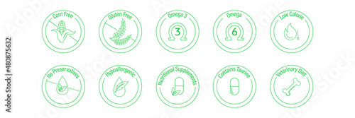 corn-free, gluten-free, omega 3 omega6, low calories, no preservatives, hypo-allergenic, nutritional supplement, contains taurine, veterinary diet, pet food properties icon set
