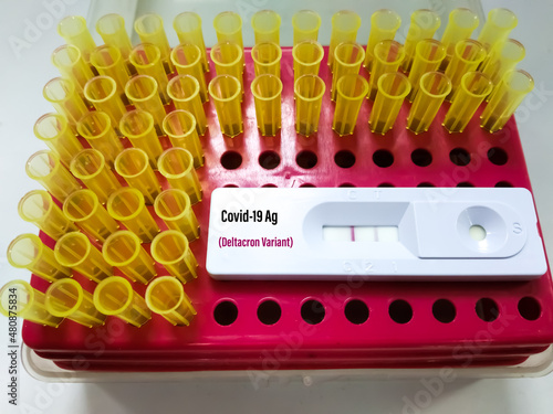 Positive SARS‑CoV‑2, Covid-19 antigen test kit, one step coronavirus antigen rapid test. Omicron variant  photo