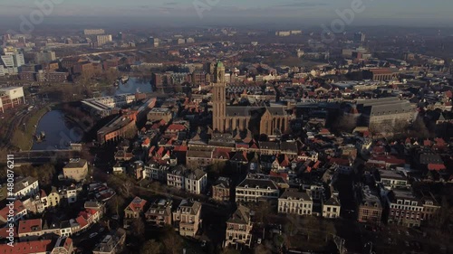 Peperbus daytime drone view in the city of Zwolle, Overijssel during a hot day. The church tower is beautifully visible in the center of Zwolle.