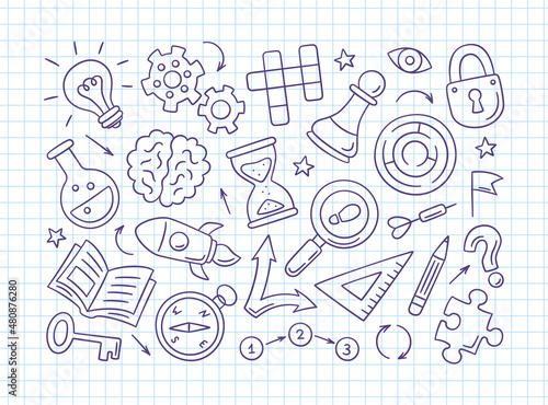 Puzzle and riddles. Quiz game. Crossword puzzle, Maze, Brain, Light bulb for design math quiz. Set of isolated hand drawn objects. Vector illustration in doodle style on square notebook background.