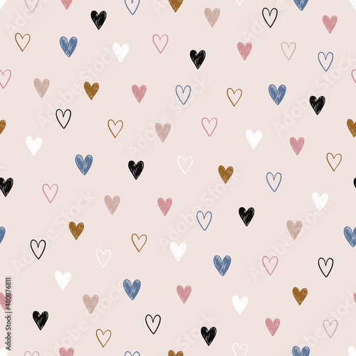 Seamless pattern with cute hand-drawn hearts. Vector illustration for printing on fabric, wallpaper, clothing, textiles, wrapping paper