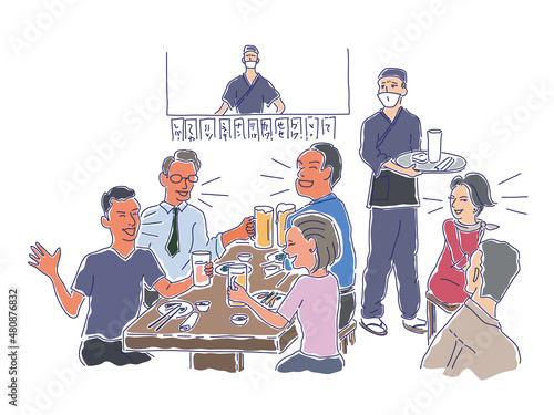 居酒屋にて、大きな声でおしゃべりをしながら飲食をする男女グループと、困り顔のマスクをした店員らの手描き風イラスト