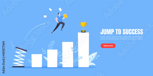 Springboard businessman high jump flat style design vector illustration concept. Business person jumps above career ladder. Success growth, motivation opportunity, boost career concept.