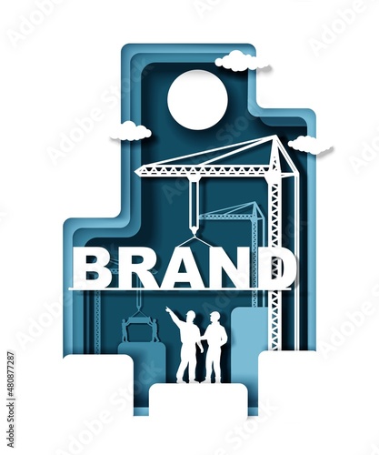 Construction site, builder workers, crane silhouettes, Brand word, vector paper cut illustration. Brand building.