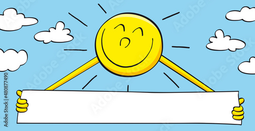 Sonne mit leerem Banner Schild für Text und Logo,  Cartoon, Vektor, Illustration
