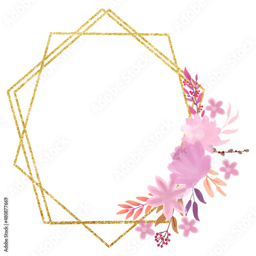 Flower arrangement and gold frame. Illustration for postcards, invitations. valentine's day.