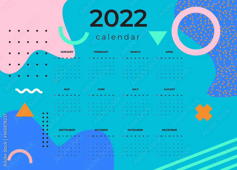 Calendar 2022 template vector, Set Desk calendar 2022, wall calendar design, Planner, Week start on Sunday, vertical layout,