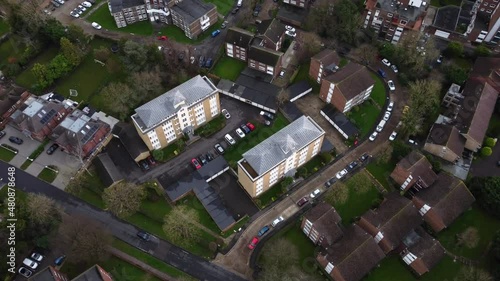 Top down aerial view of high rise apartment blocks in North London photo