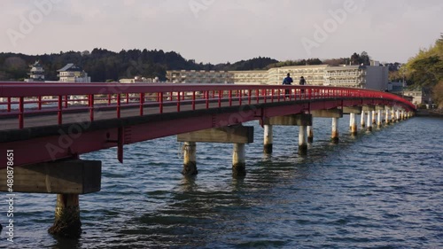 Fukuurabashi Red Bridge in Matsushima Bay, Miyagi Japan. Long Romantic Bridge photo