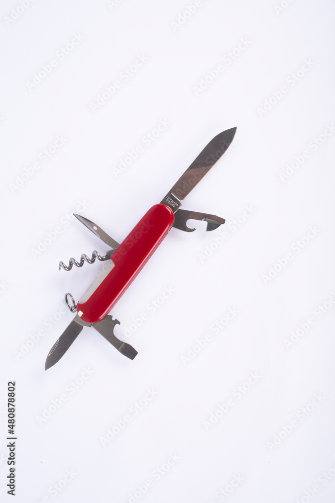 Multipurpose knife isolated on white with all necessary tools all in one