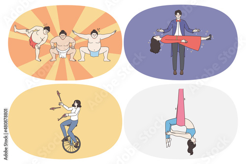 Entertainment show artists in circus concept. Set of young people sumo fighters magician with flying woman juggler on wheel and flying gymnast during show vector illustration 