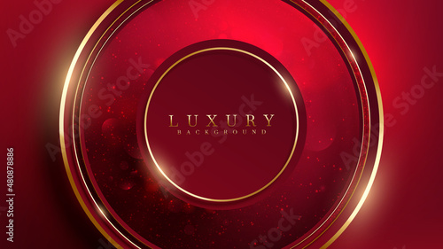Dark red luxury background and golden circle elements with light, glitter and bokeh effect decoration.
