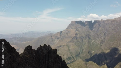 Aerial Drone Tilt and quick Pan shot of Drakensberg Mountain Range- South-Africa photo