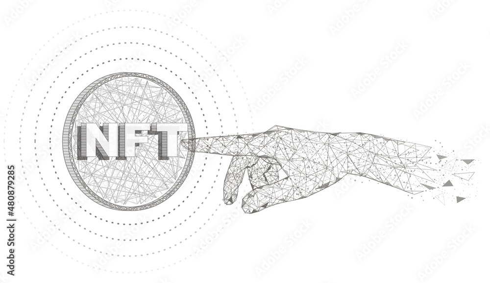 NFT hand touch, vector polygonal art style illustration. Non fungible tokens, crypto art. NFT hand touch, vector polygonal art style illustration. Non fungible tokens, crypto art.