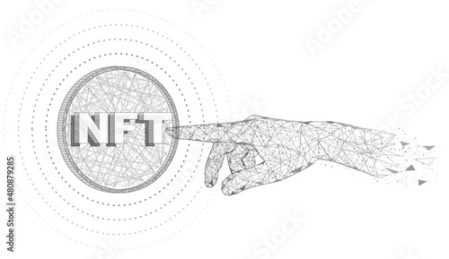 NFT hand touch, vector polygonal art style illustration. Non fungible tokens, crypto art.