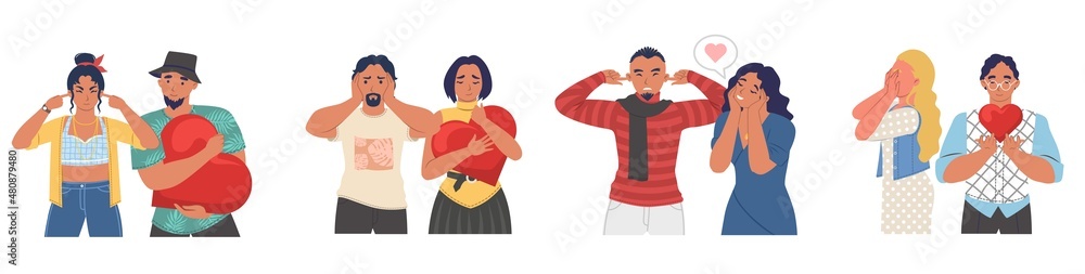 Unrequited love couple set, vector isolated illustration. Non reciprocal or one sided love. Unrequited love couple set, vector isolated illustration. Non reciprocal or one sided love.
