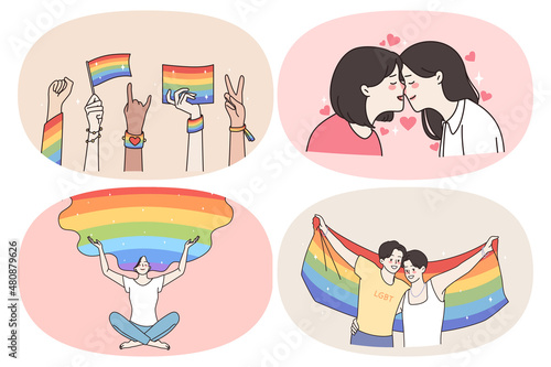 Lgbt rights and relationships concept. Set of young positive women lesbians and men gays having rainbow in head kissing hugging protecting rights vector illustration 