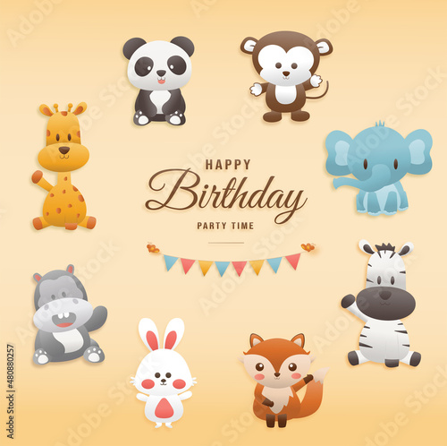 Cute Animal Characters Giraffe, Panda, Fox, Monkey, Elephant, Zebra, Hippopotamus, Rabbit, Birthday Theme. Templates for making banner advertise. paper and papercraft Style.